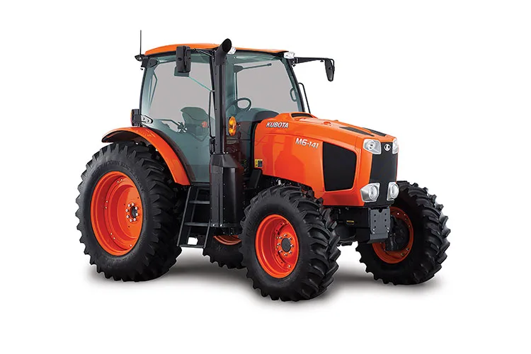 Kubota M6-141 production utility cab tractor on a white background