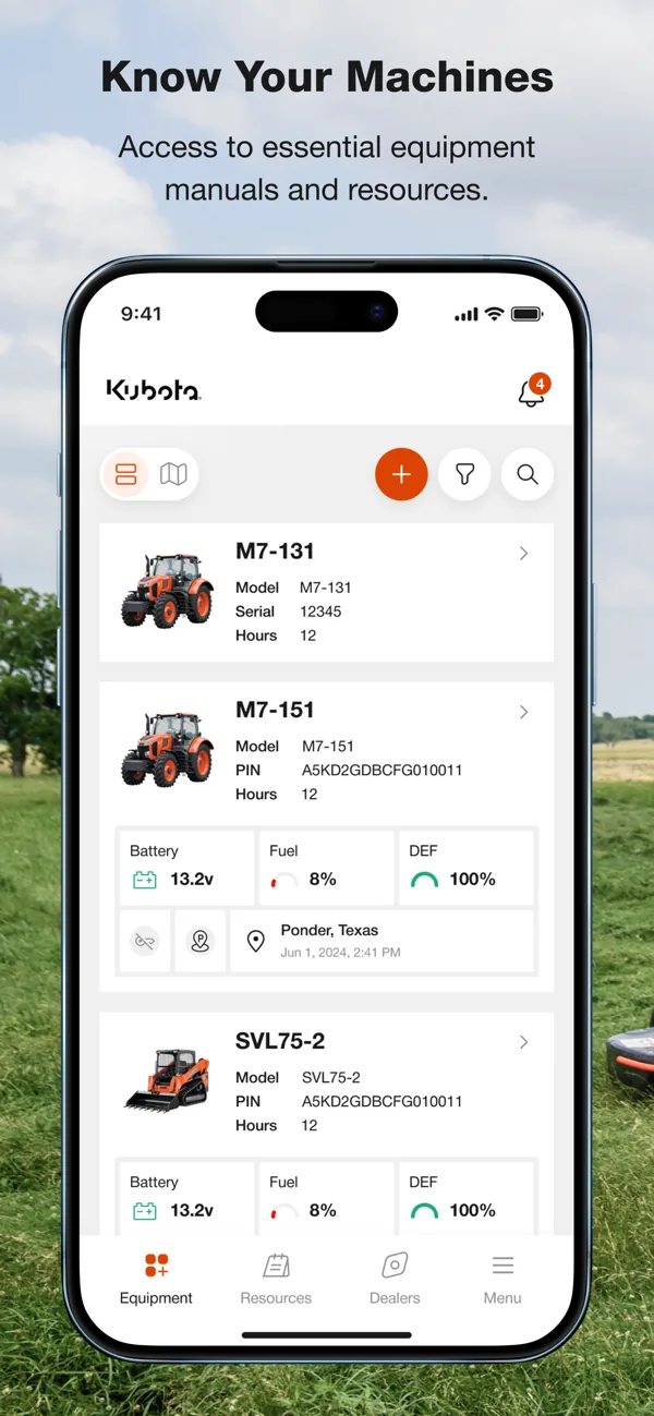 myKubota app screens with maintenance and parts tools