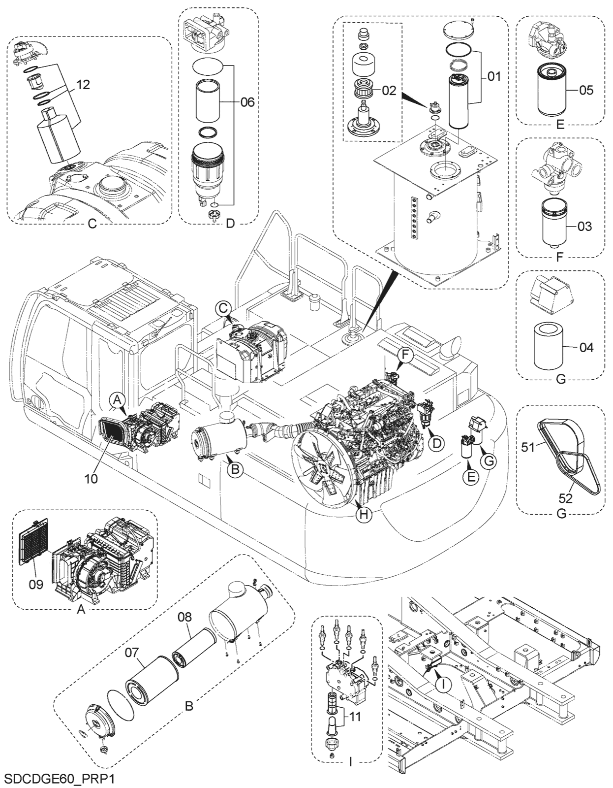 Hitachi LANDCROS ZX350LC-7H periodic replacement drawing, Filter, element, belt parts