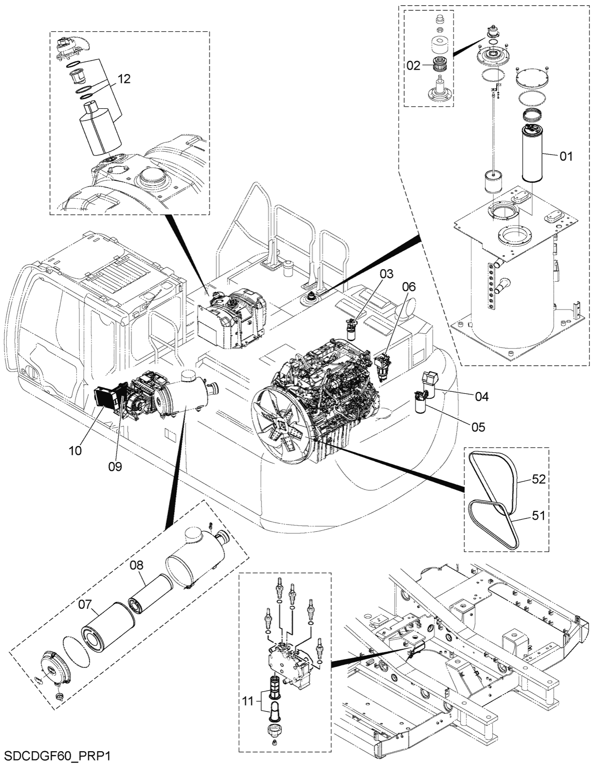 Hitachi LANDCROS ZX300LC-7H periodic replacement drawing, Filter, element, belt parts