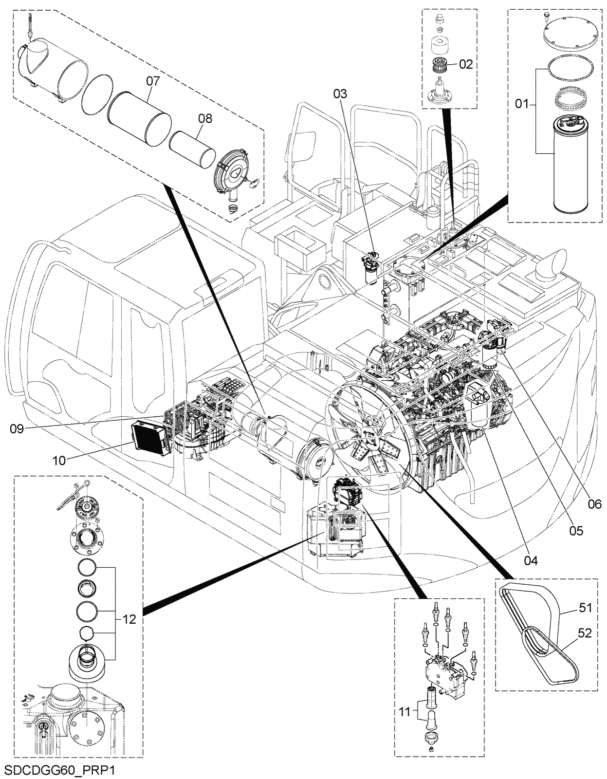 Hitachi LANDCROS ZX345USLC-7H periodic replacement drawing, Filter, element, belt parts