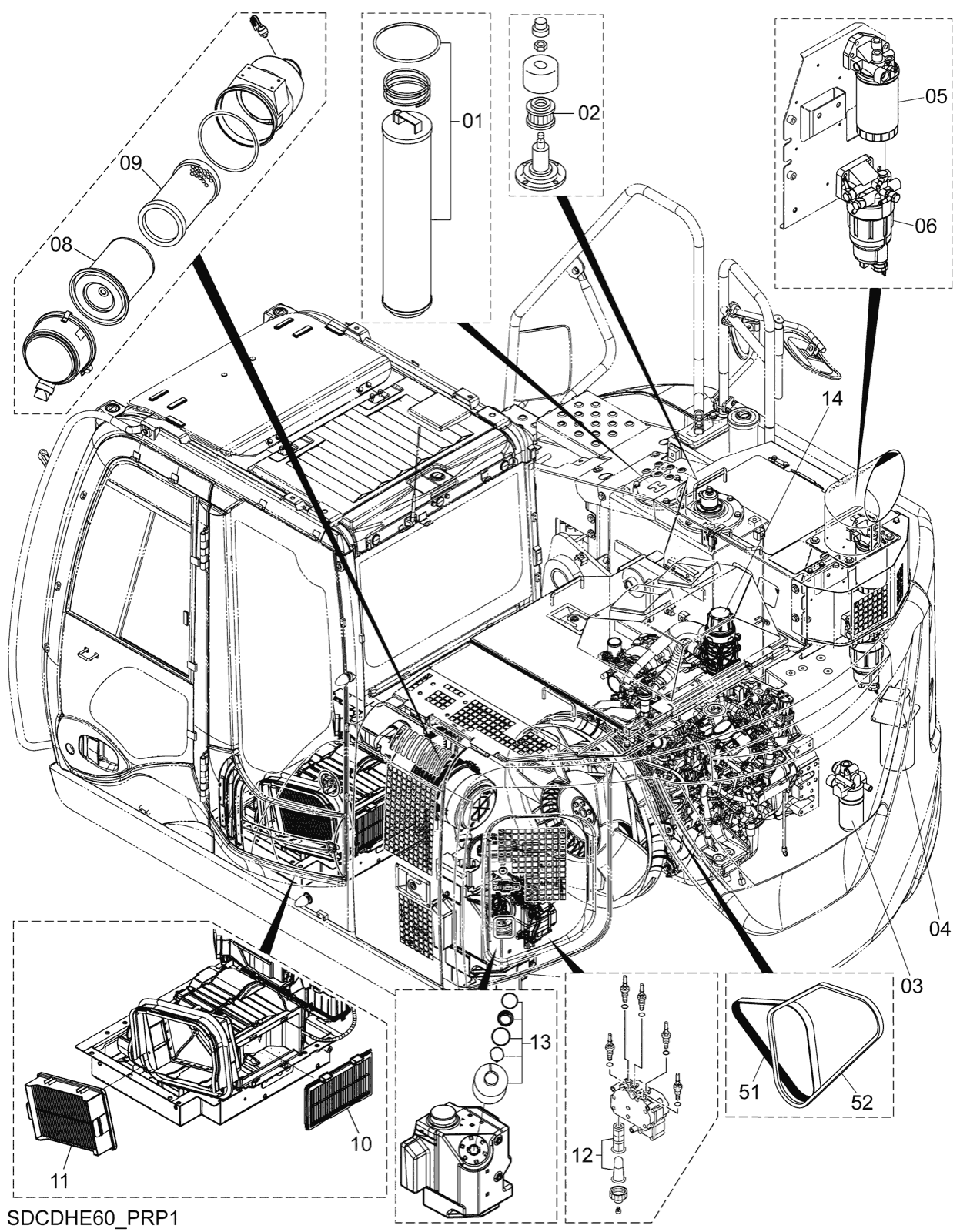Hitachi LANDCROS ZX135US-7H periodic replacement drawing, Filter, element, belt parts