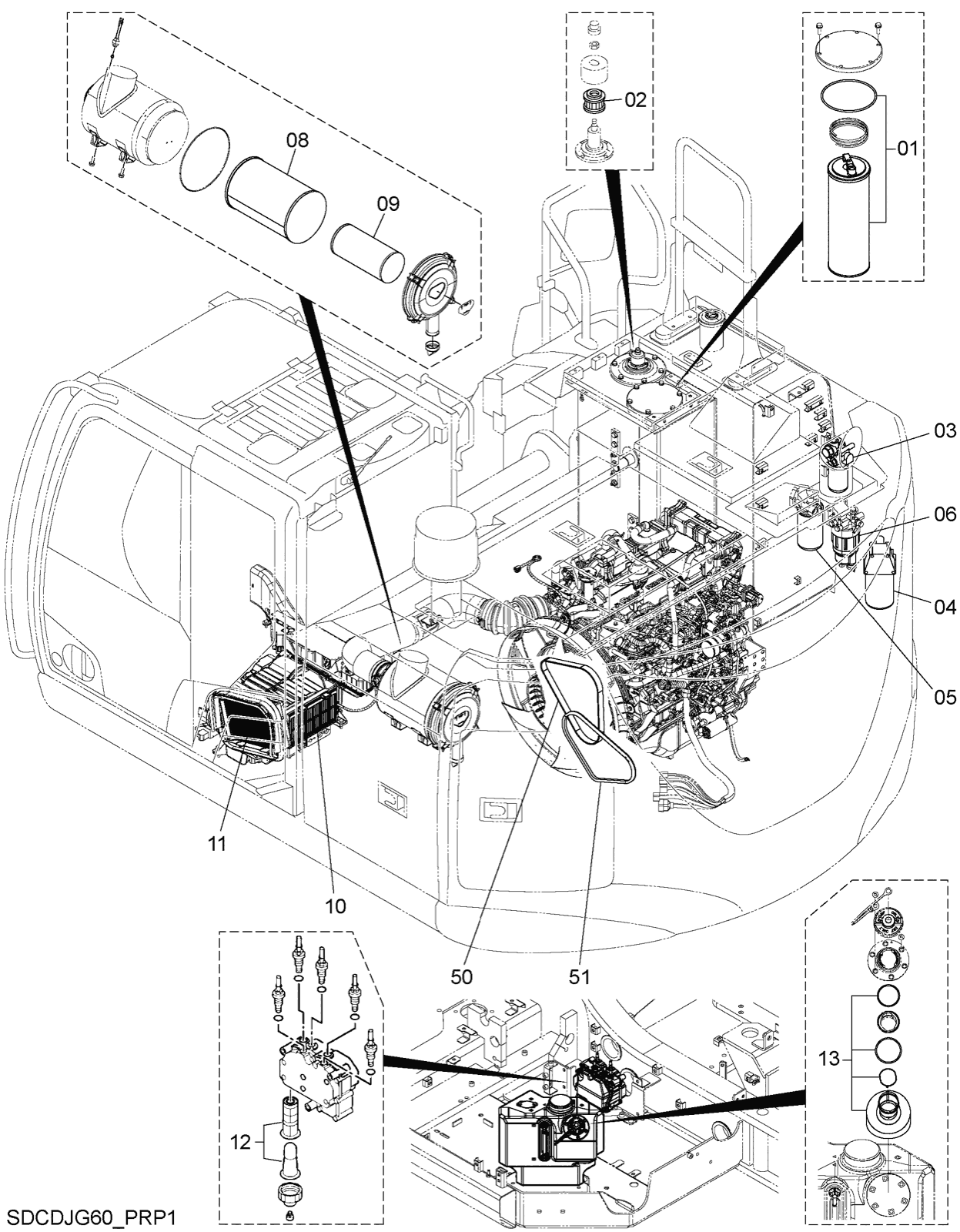 Hitachi LANDCROS ZX245USLC-7H periodic replacement drawing, Filter, element, belt parts