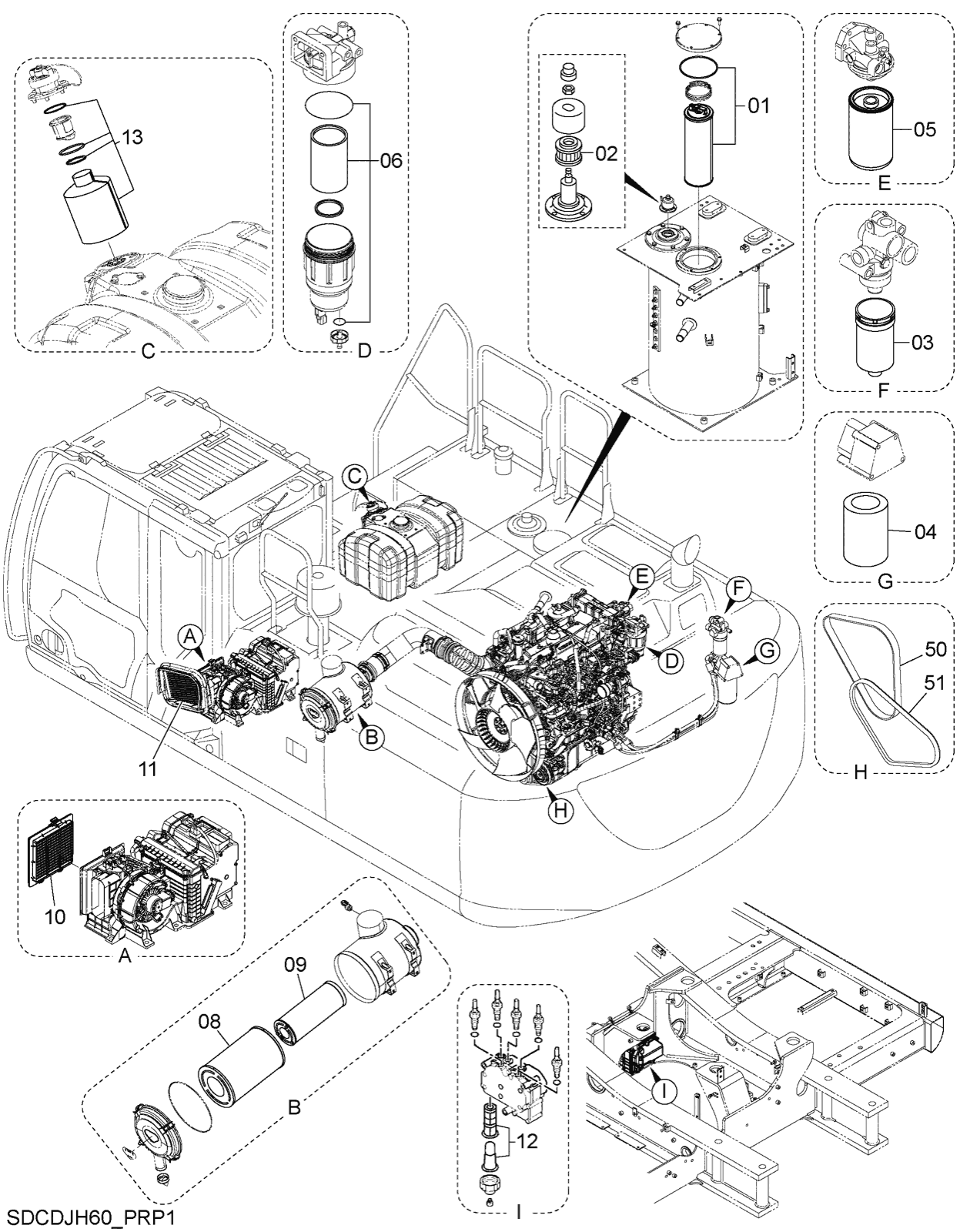 Hitachi LANDCROS ZX250LC-7H periodic replacement drawing, Filter, element, belt parts