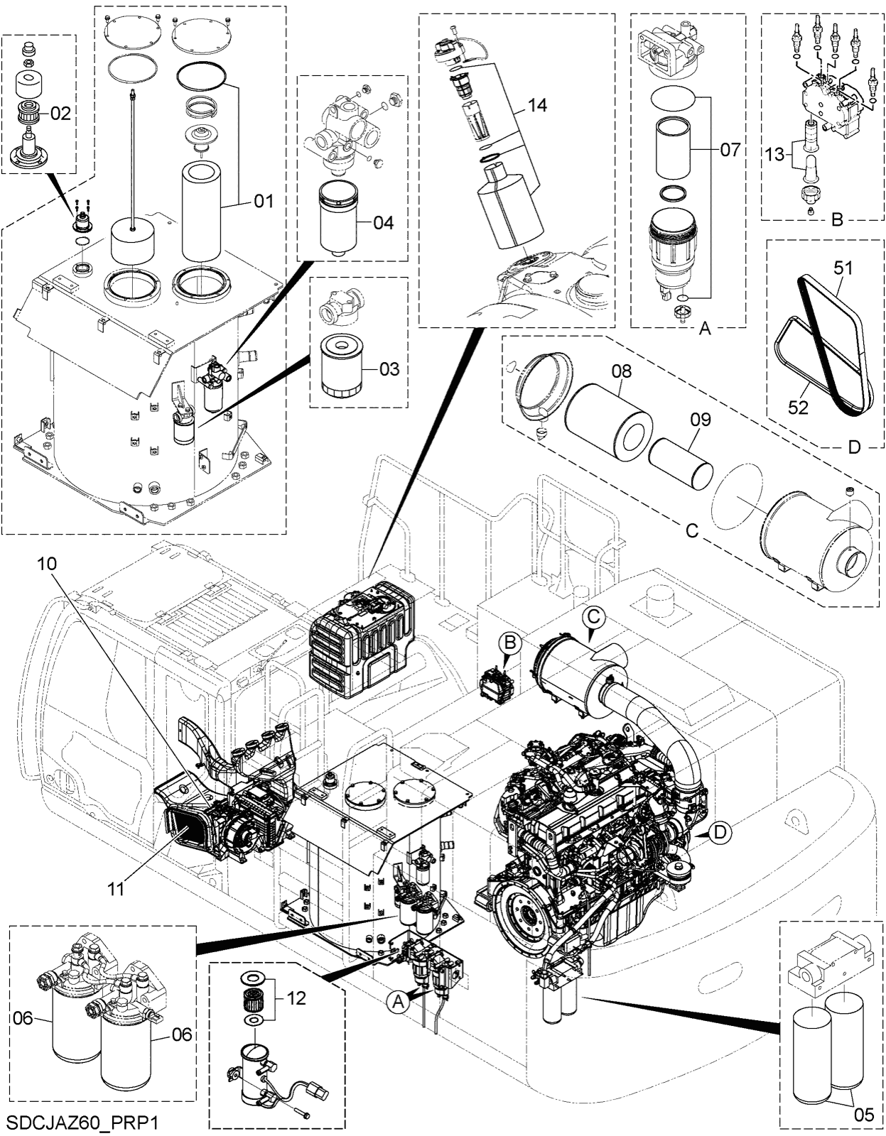 Hitachi LANDCROS ZX690LC-7H periodic replacement drawing, Filter, element, belt parts