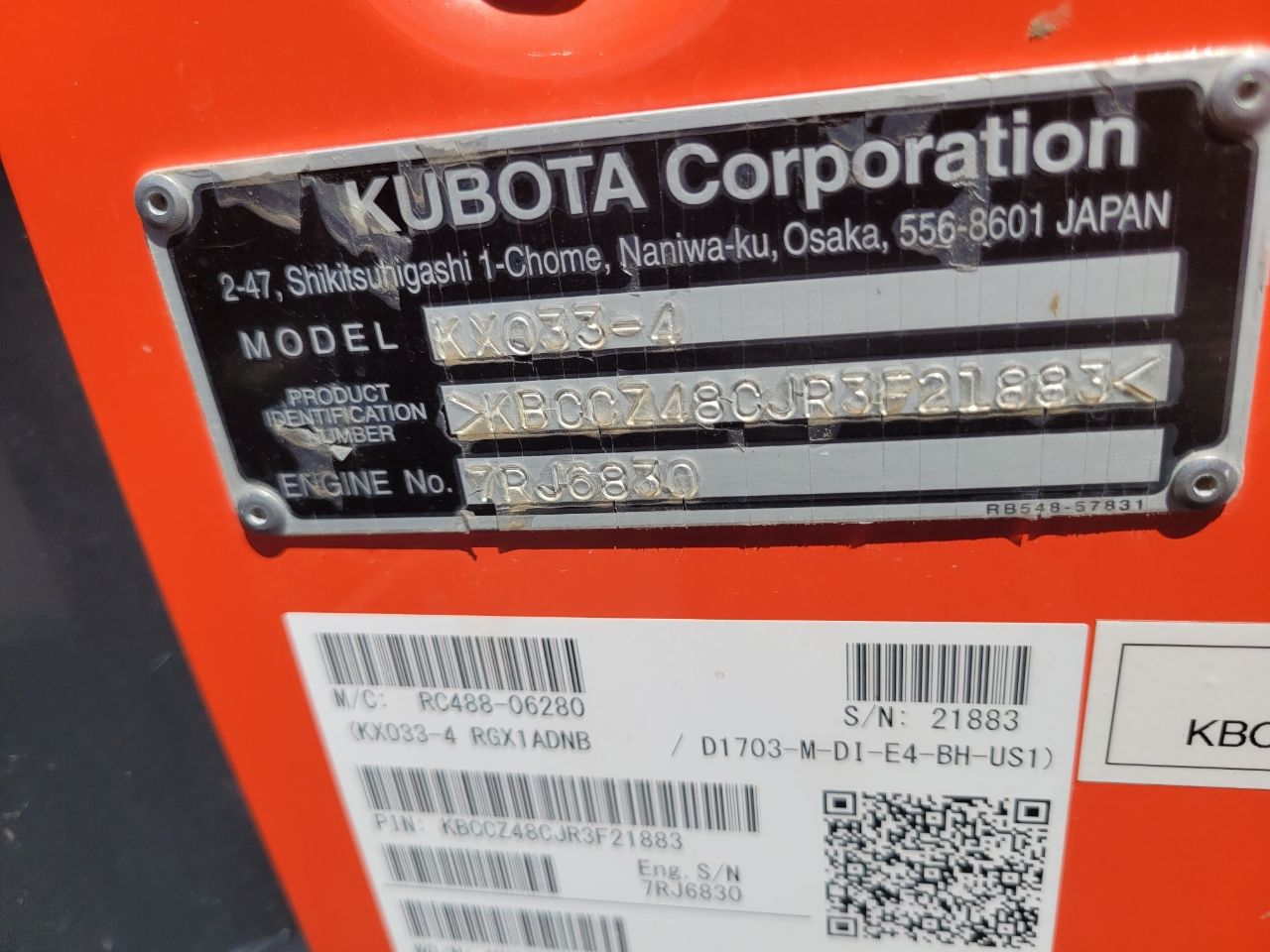 Actual stock photo of Kubota Construction KX033-4R1A, stock 004453
